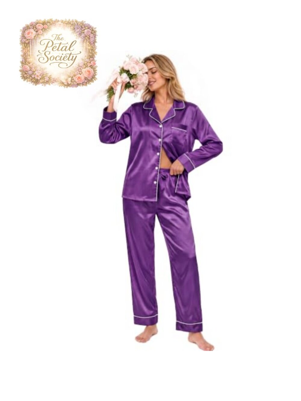Women Silk Satin Pajama Set Long Sleeve Button Down Sleepwear